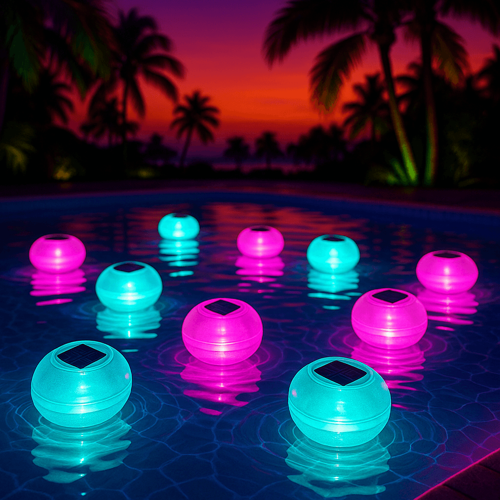Solar floating lights glowing on a pool at night