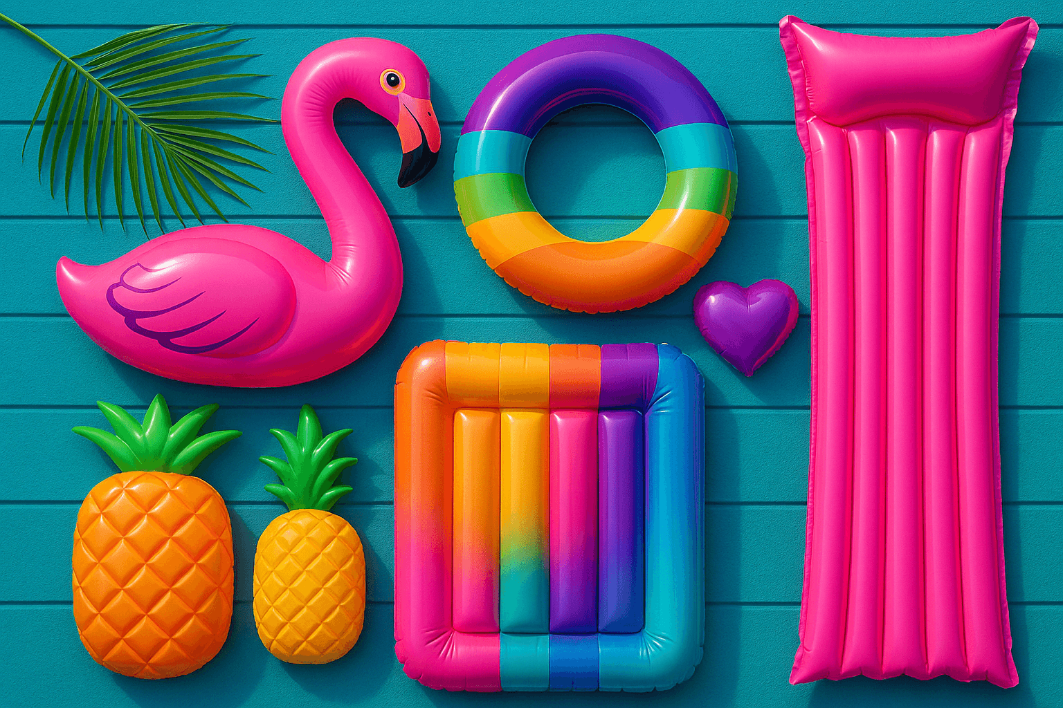 Flat lay of pool party inflatable accessories on a deck