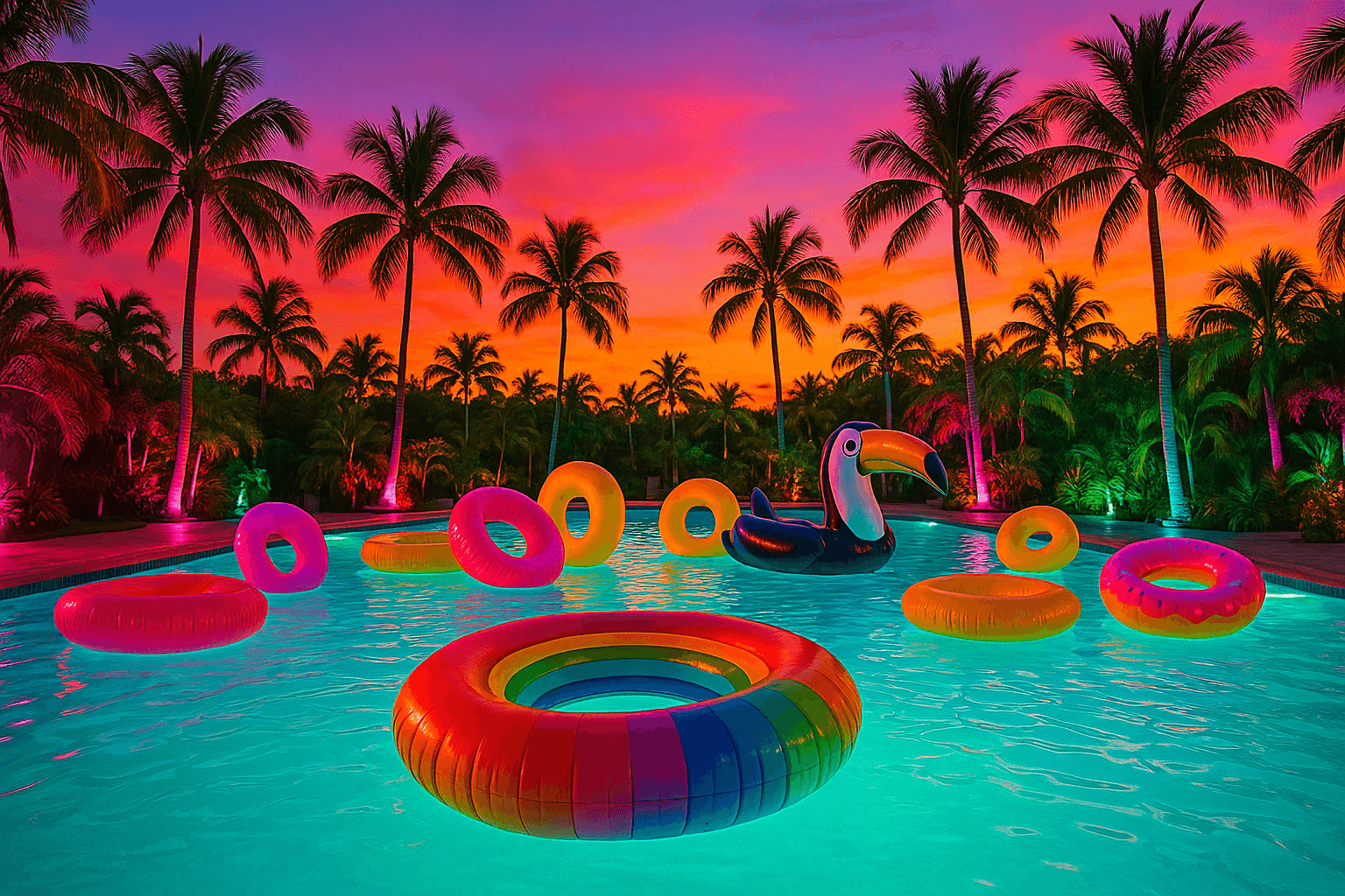 Neon Miami pool party packed with colorful inflatable floats